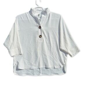 MYSTYLE Blouse Womens Medium White Boho Henley Oversized Viscose 3/4 Sleeve